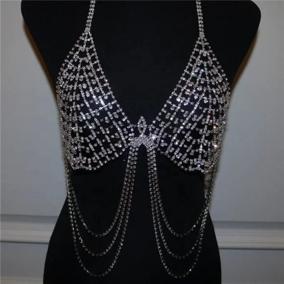 Chest Chain Jewelry Accessories Women Bling Body Chain Mesh Bra Body Jewelry - Picture 10 of 10